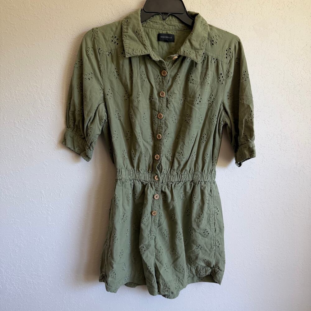 Majorelle Olive Green Eyelet Embroidery Button Down Romper Womens M Coquette
